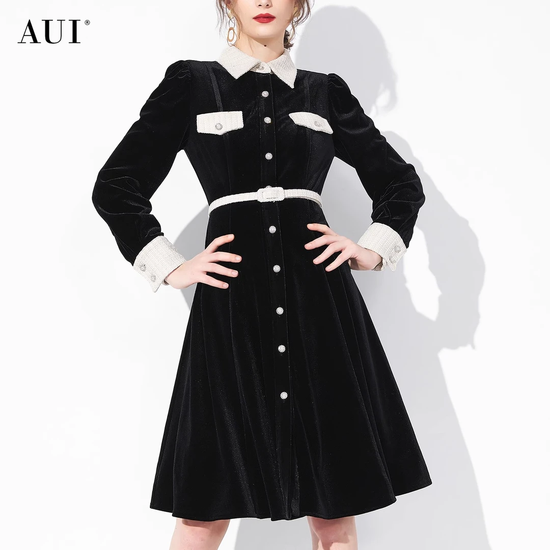 【诗语专属】AUI黑色名媛气质丝绒衬衫修身连衣裙-23Q012911