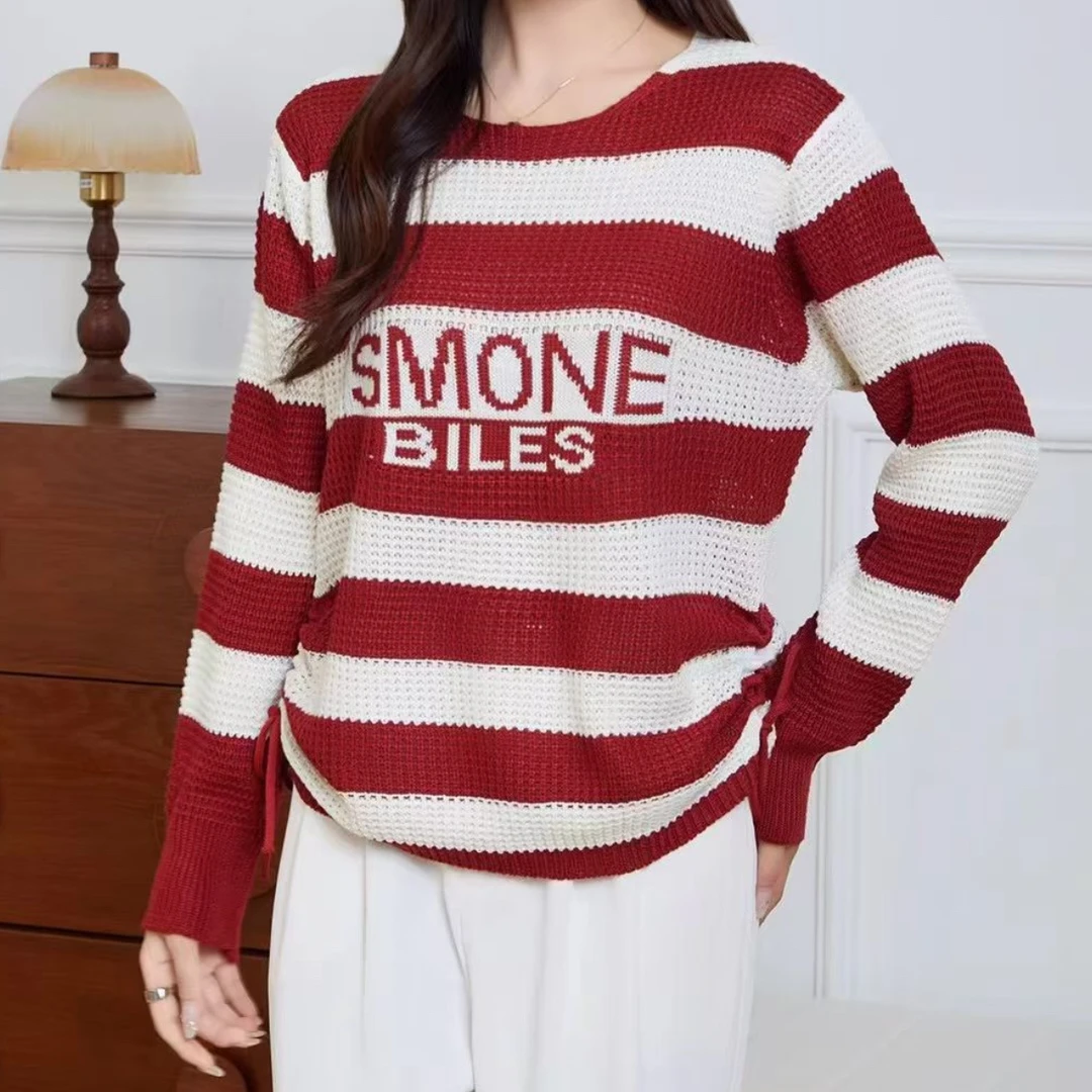 2025新款长袖条纹女字母常规毛针织衫百搭工装风韩系