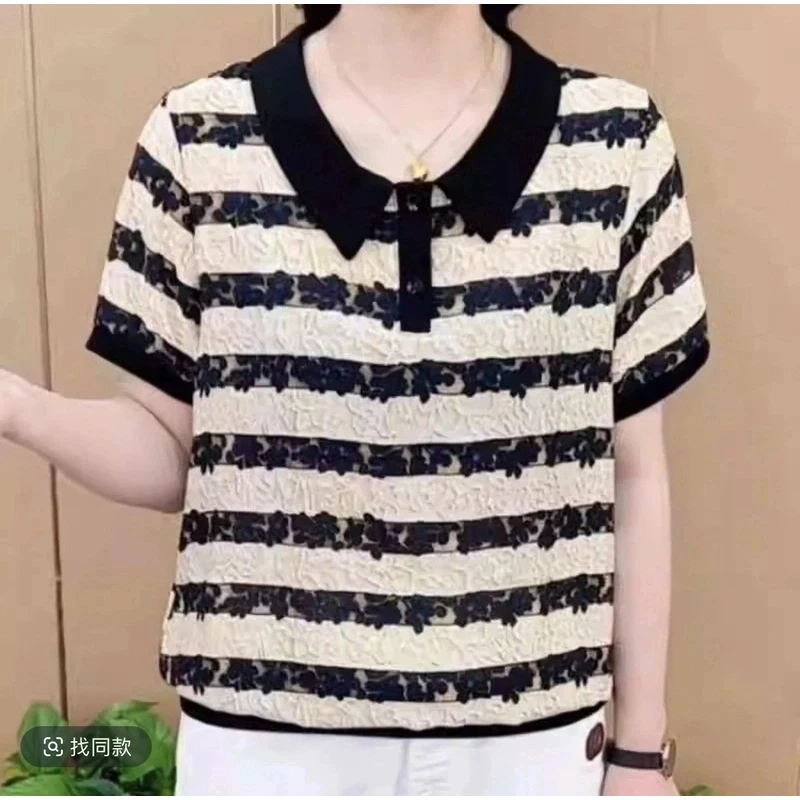 夏装时尚条纹娃娃领短袖春装t恤女洋气减龄上衣休闲宽松衣服小衫