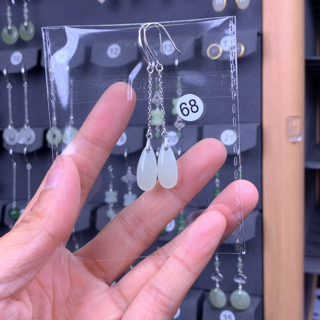 和田玉耳饰银S925镶嵌桃**夭