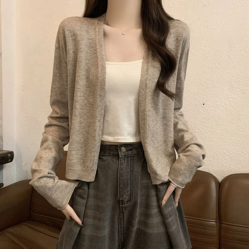 春秋冬薄款气质百搭修身长袖针织开衫上衣小个子外搭毛衣短外套女