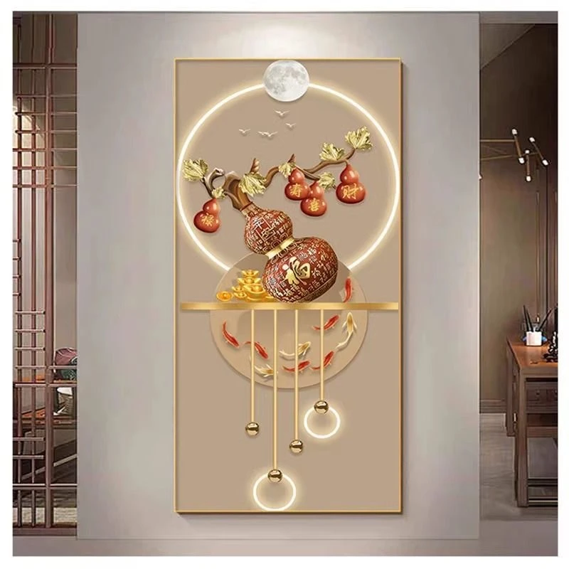 镶钻福禄葫芦画玄关镶钻装饰画福禄九鱼走廊现代简约挂画竖版壁画