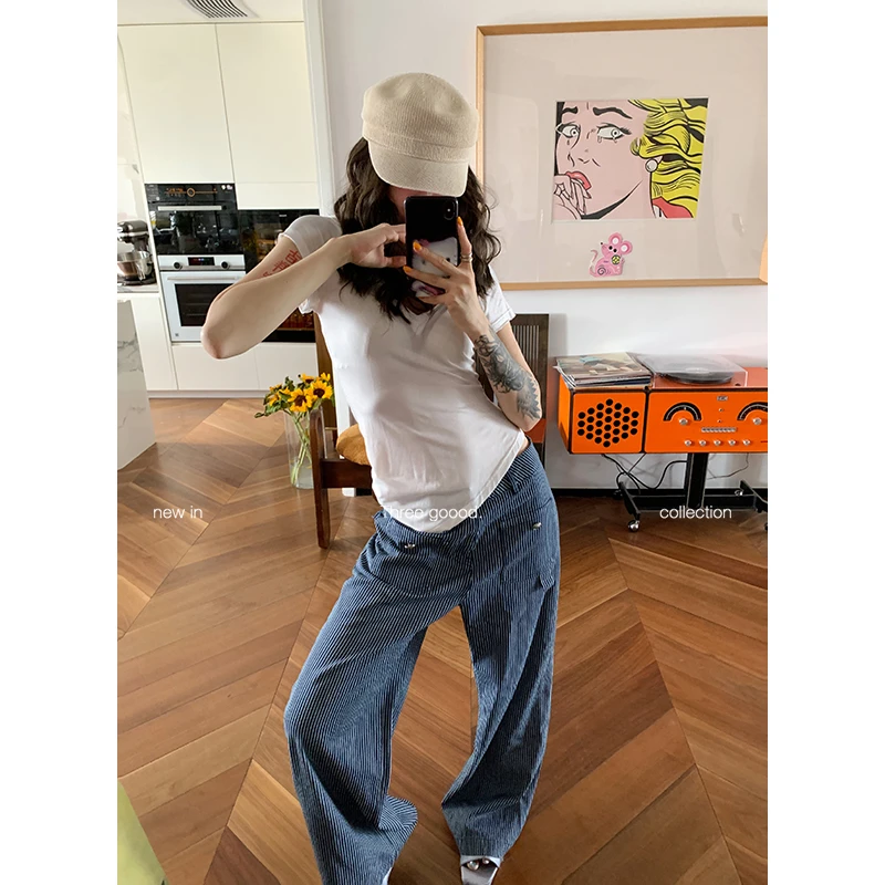 THREEGOOOD/三吉竖条纹宽松直筒牛仔裤长裤女士Y725K06876