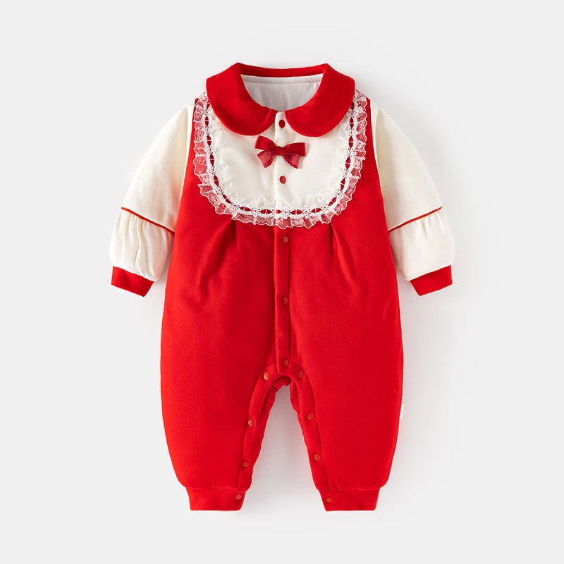 宝宝年服连体衣婴儿加棉120克拜年服棉加厚秋冬装大红连身衣