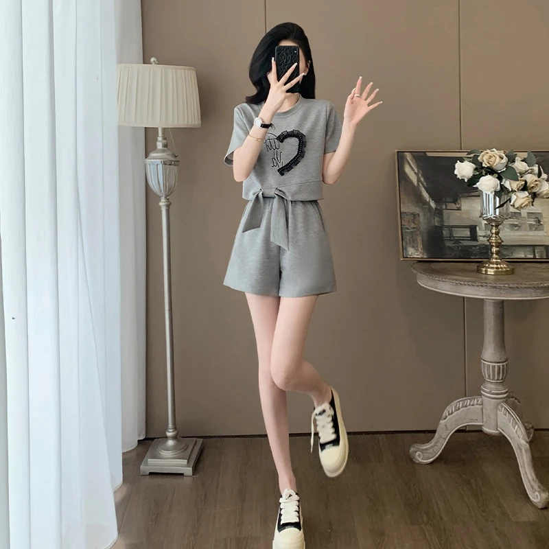 欧货休闲运动套装女夏季2025新款高端气质印花短袖短裤两件套显瘦