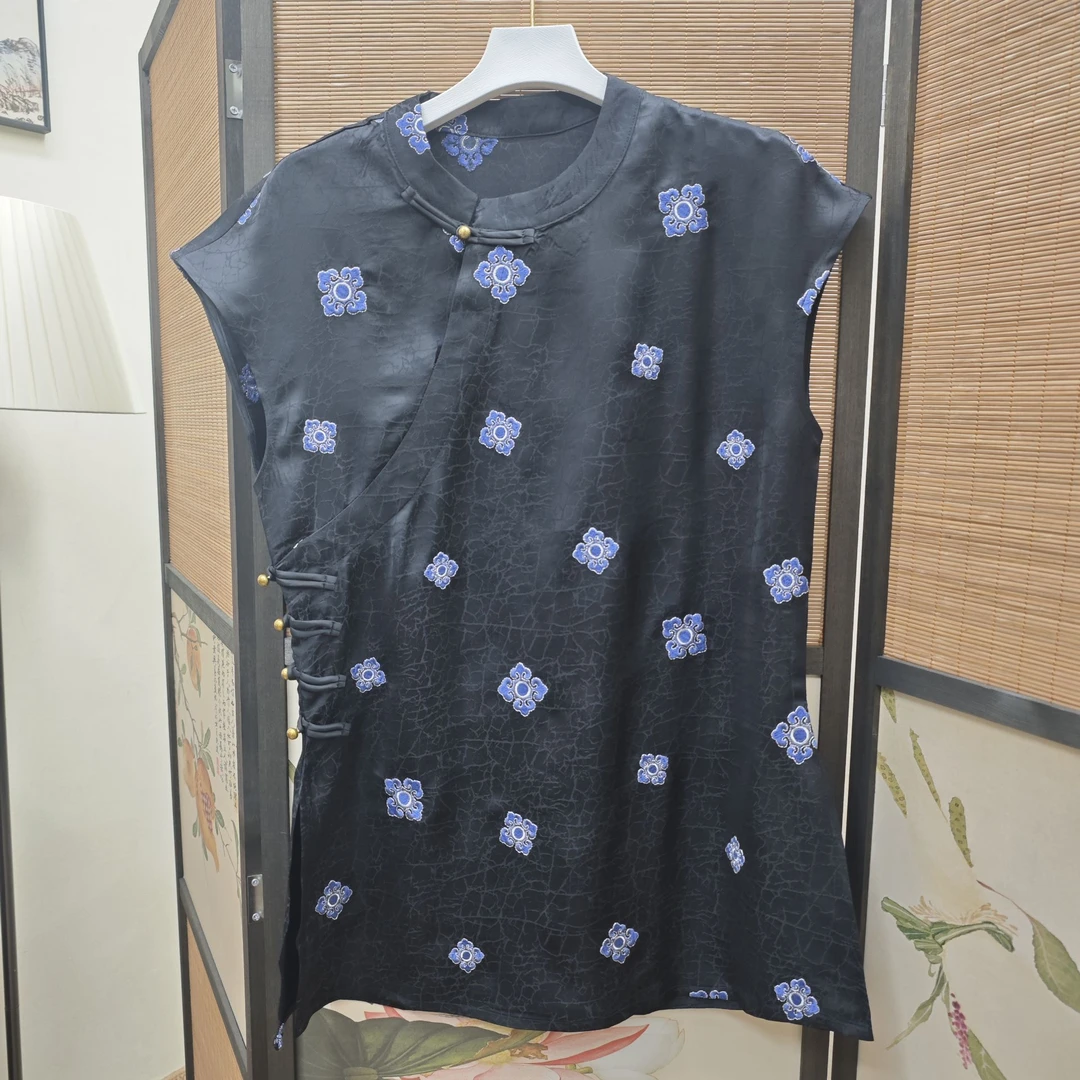 中式印花刺绣系扣圆领黑色套头无袖常规女士衬衫