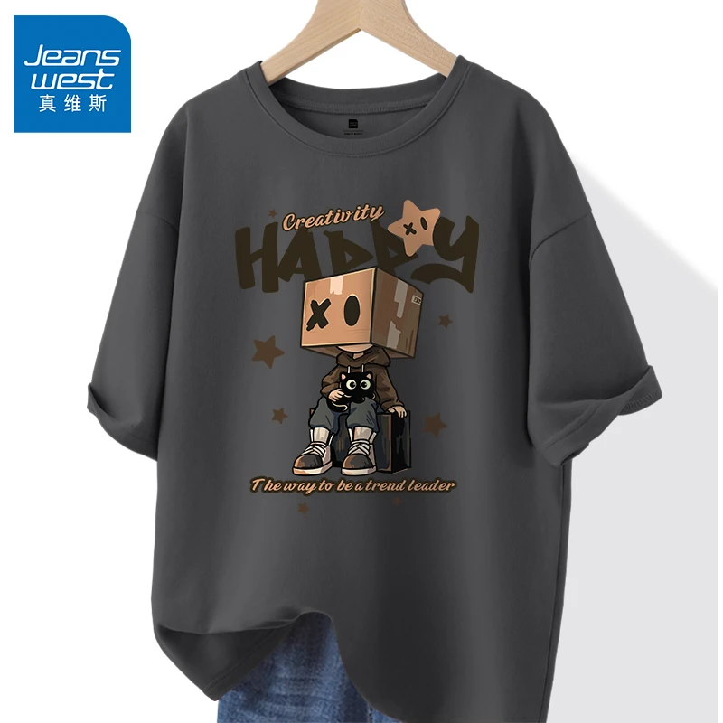 真维斯美式休闲短袖T恤男士宽松大码五分袖休闲百搭圆领上衣APCC1