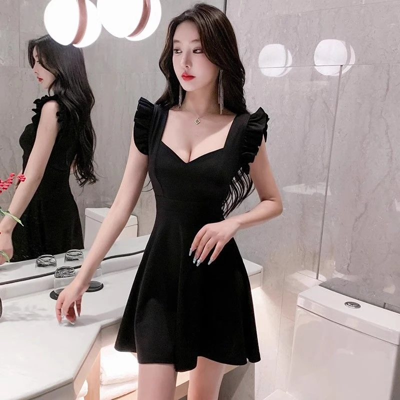 夜总店性感连衣裙女夏季新款方领小飞袖气质小黑裙夜场上班工作服