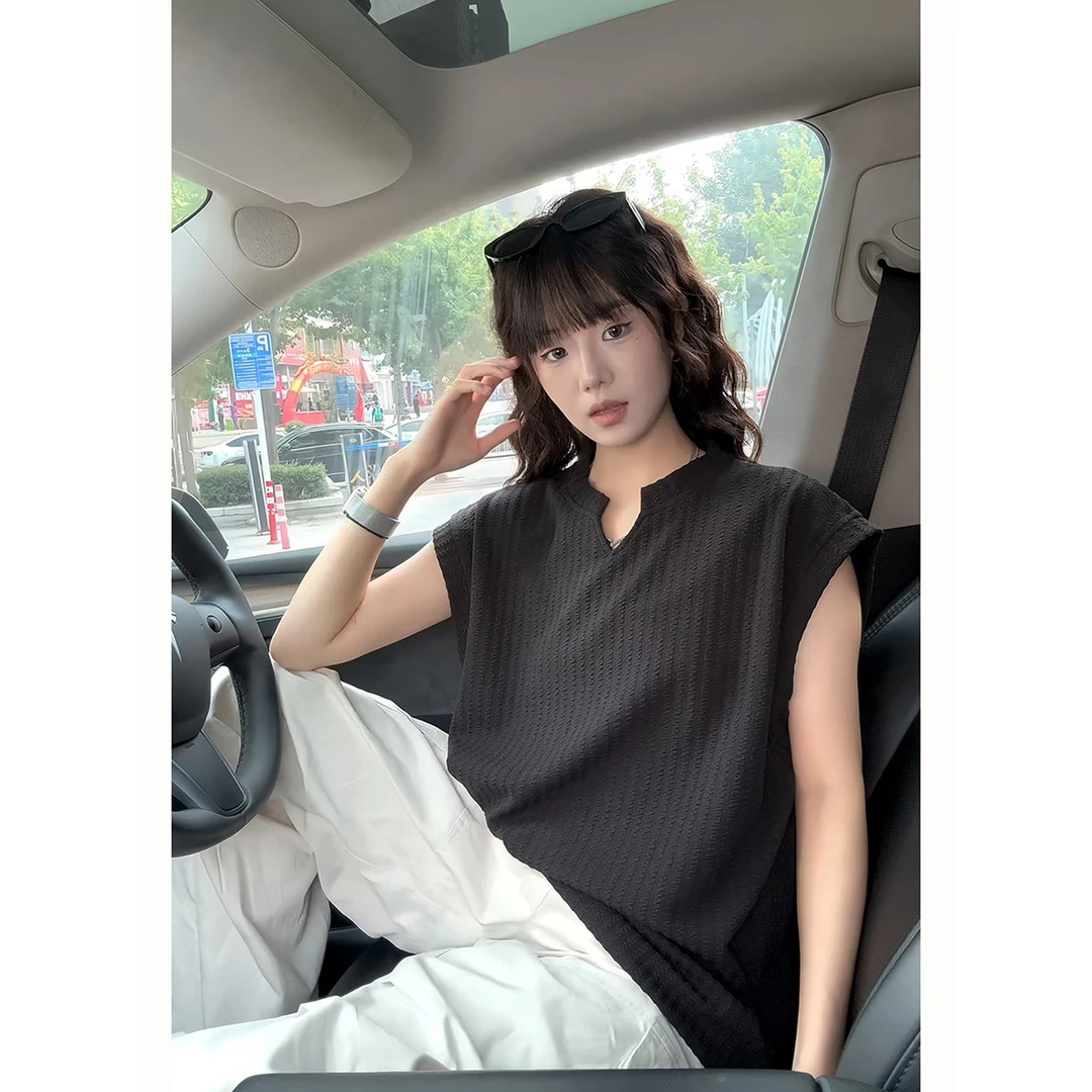 黑色V领背心男款夏季外穿肌理感速干无袖T恤美式运动坎肩汗衫