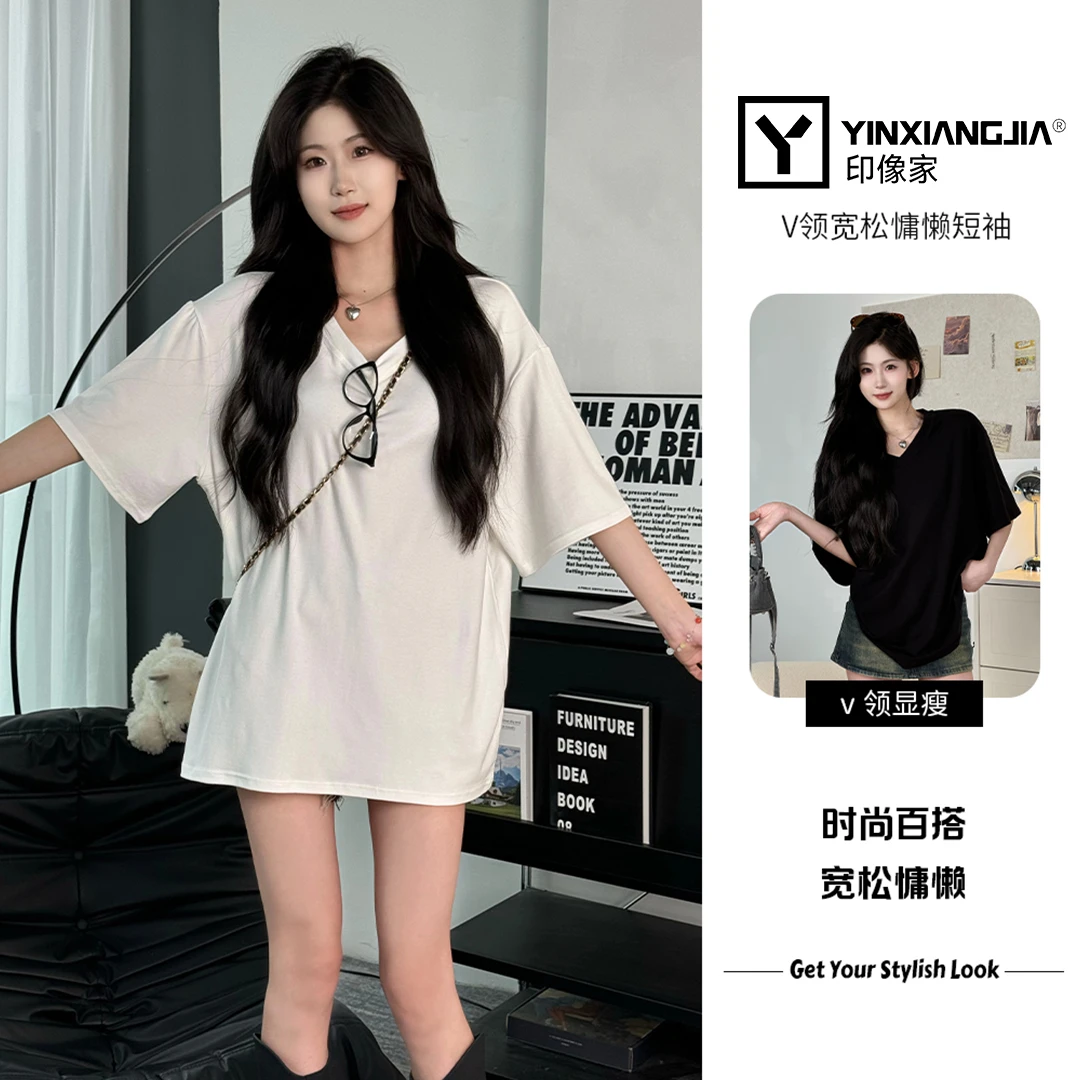 印像家V领宽松短袖夏秋季半袖纯色上衣休闲中长款百搭慵懒风T恤