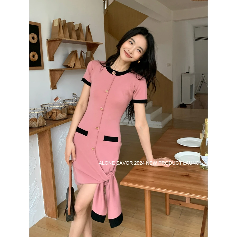【ALONE SAVOR】夏季小众时尚显瘦小香风短袖针织连衣裙P270