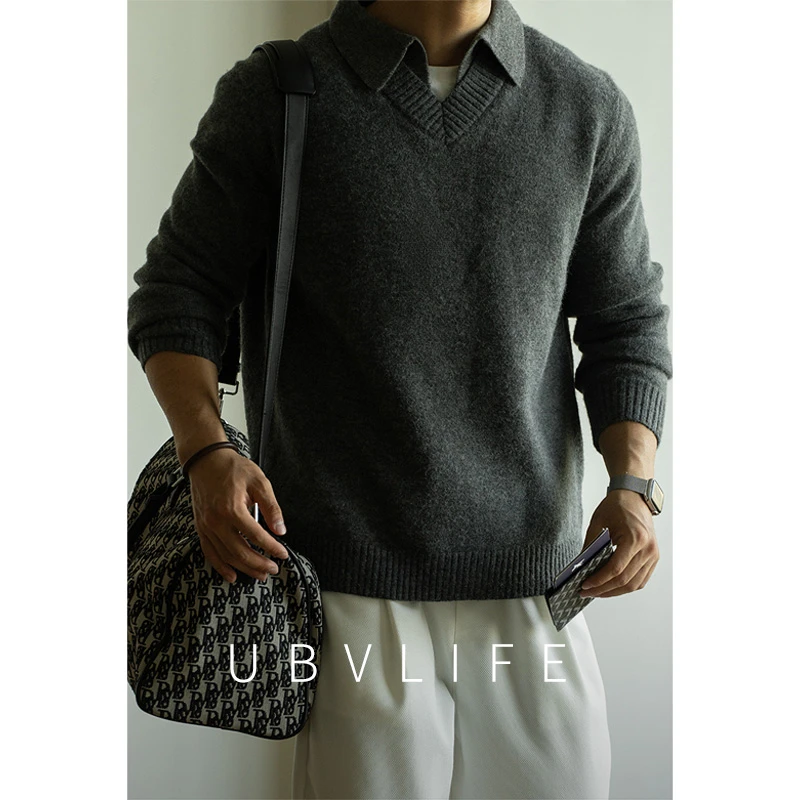 北极绒7针假两件罗纹翻领针织衫男士2025冬季轻商务休闲慵懒毛衣