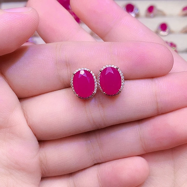 红宝石耳饰银S925镶嵌