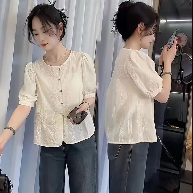 新中式国风小绿扣圆领刺绣短袖衬衫女洋气百搭雪纺上衣2025夏季潮
