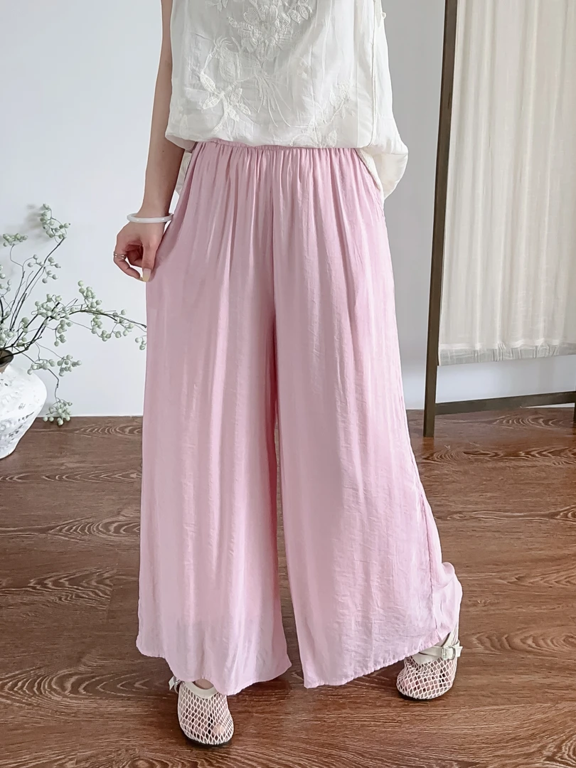 【浅粉】松紧腰宽松女阔腿百搭神裤夏季双层仙仙裤059-2臀114长92