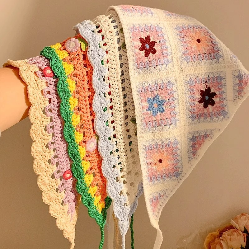 三角巾甜美可爱女镂空复古夏季头巾针织发带丝巾手工钩花春季法式