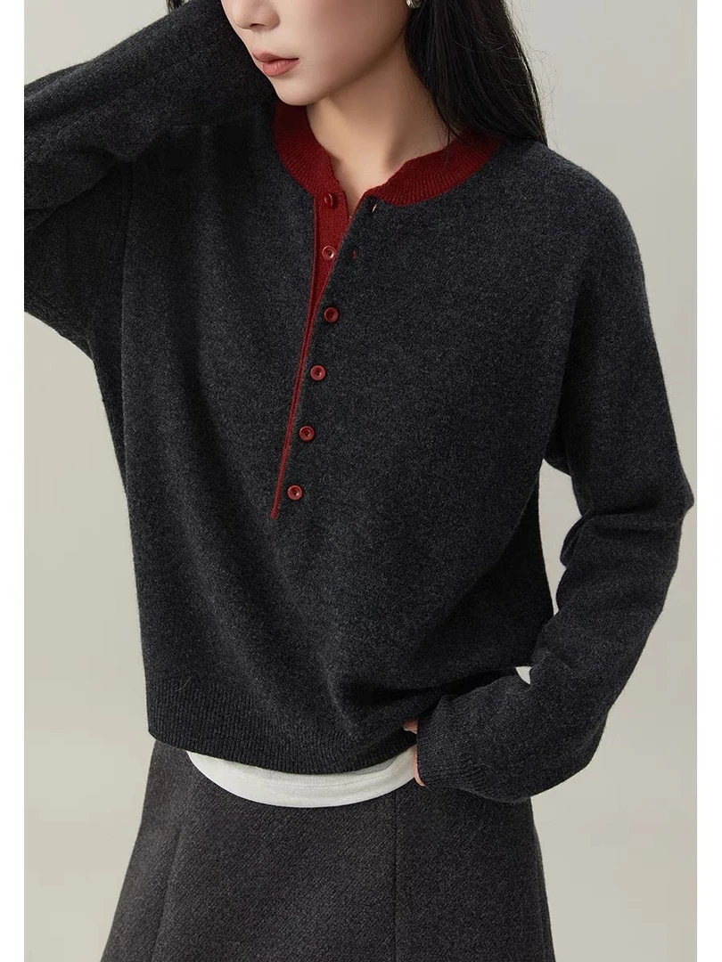 /红豆/半门襟亨利衫松弛慵懒感针织衫 衣长52 胸围55 95019