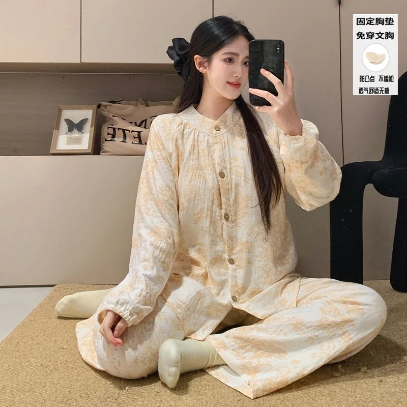 新款【范小懒】睡衣女双层纱立领开衫长袖长裤固定胸垫国风家居服