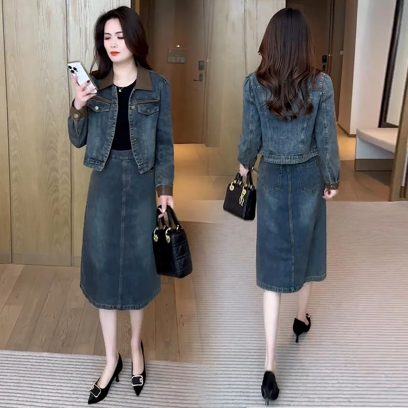 小香风牛仔套装女2025春季新款时尚洋气小个子短外套连衣裙两件套
