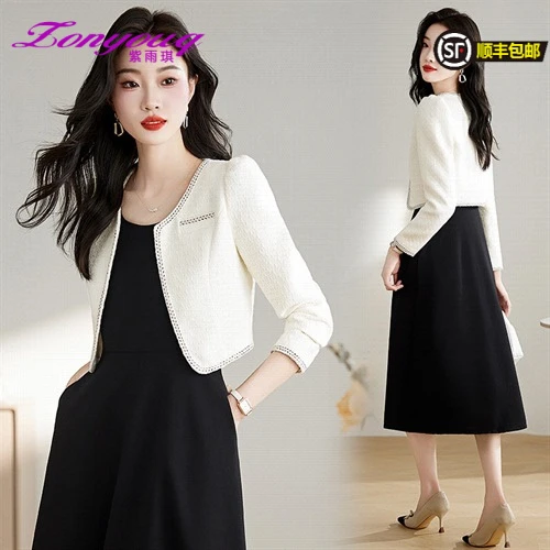 紫雨琪外套连衣裙两件套女装2025秋季新款气质名媛洋气早秋套装裙