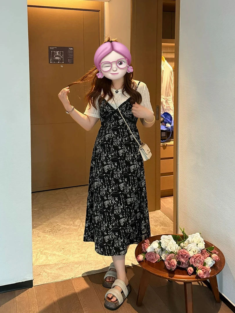 大码胖mm假两件连衣裙小众印花夏季圆领泡泡袖碎花高级显瘦遮肉