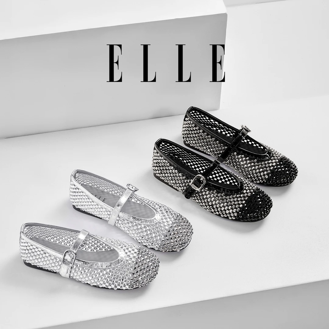 ELLE重工水钻轻奢单鞋女舒适镂空网面玛丽珍手工鞋浅口平底芭蕾鞋