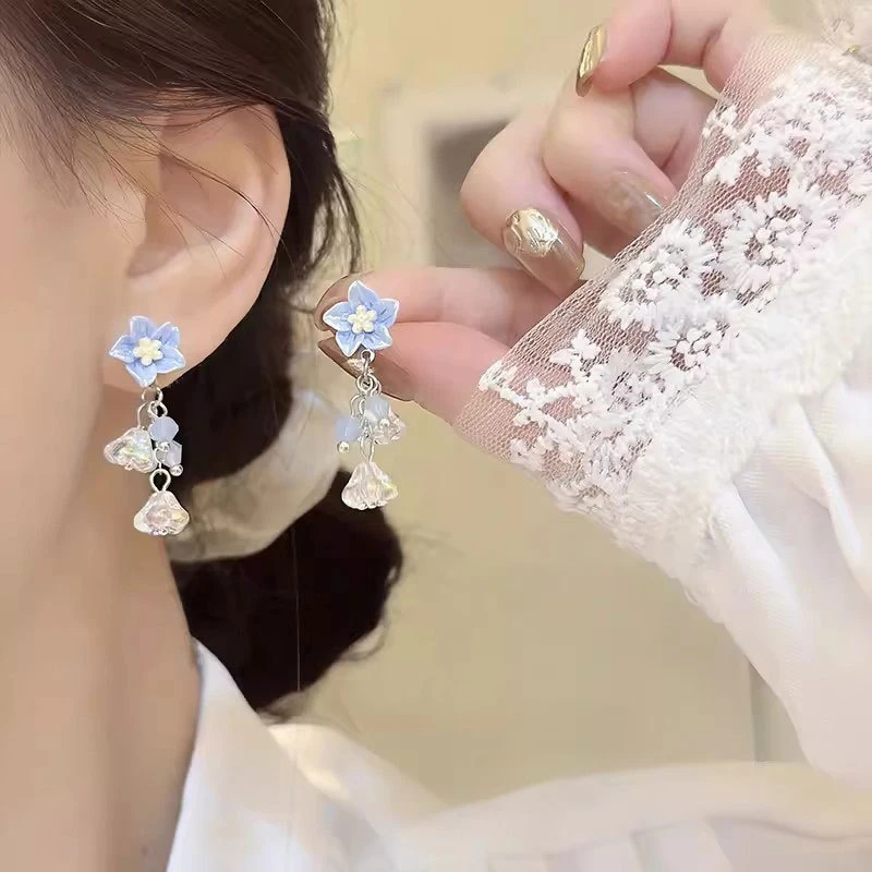 新中式清新森系蓝色滴釉花朵水晶流苏耳环女N2569