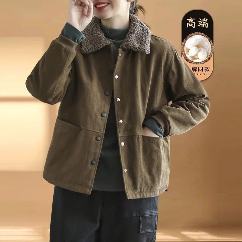 文艺复古棉质纯色棉衣冬季时尚新款加绒加厚保暖短款棉袄外套女装