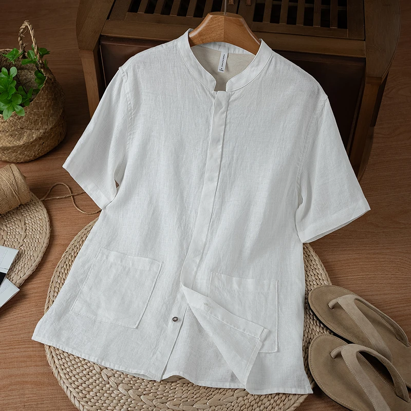麻尚生活夏季中国风短袖亚麻衬衫水洗衬衣中式立领男士薄款