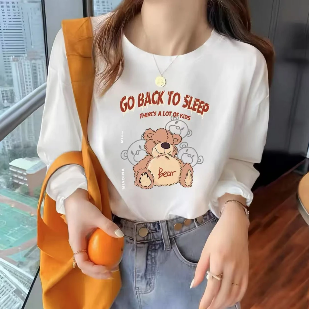 长袖春秋男女休闲透气时尚百搭圆领印花T恤 懒熊