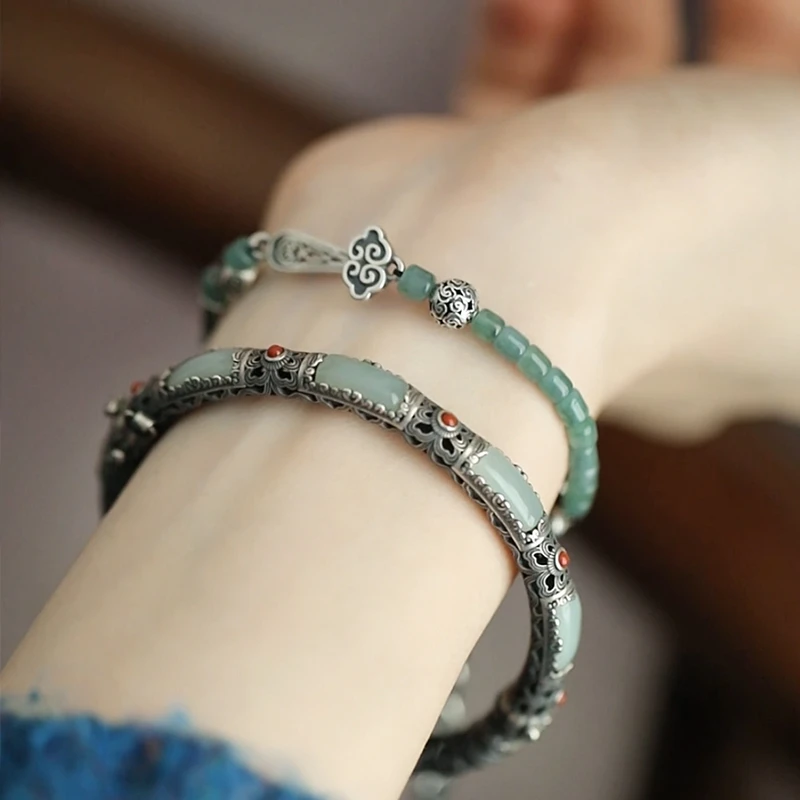 <一禅兄>S925银翡翠蓝水桶珠如意鱼管铜钱开运尾坠手链深浅不一