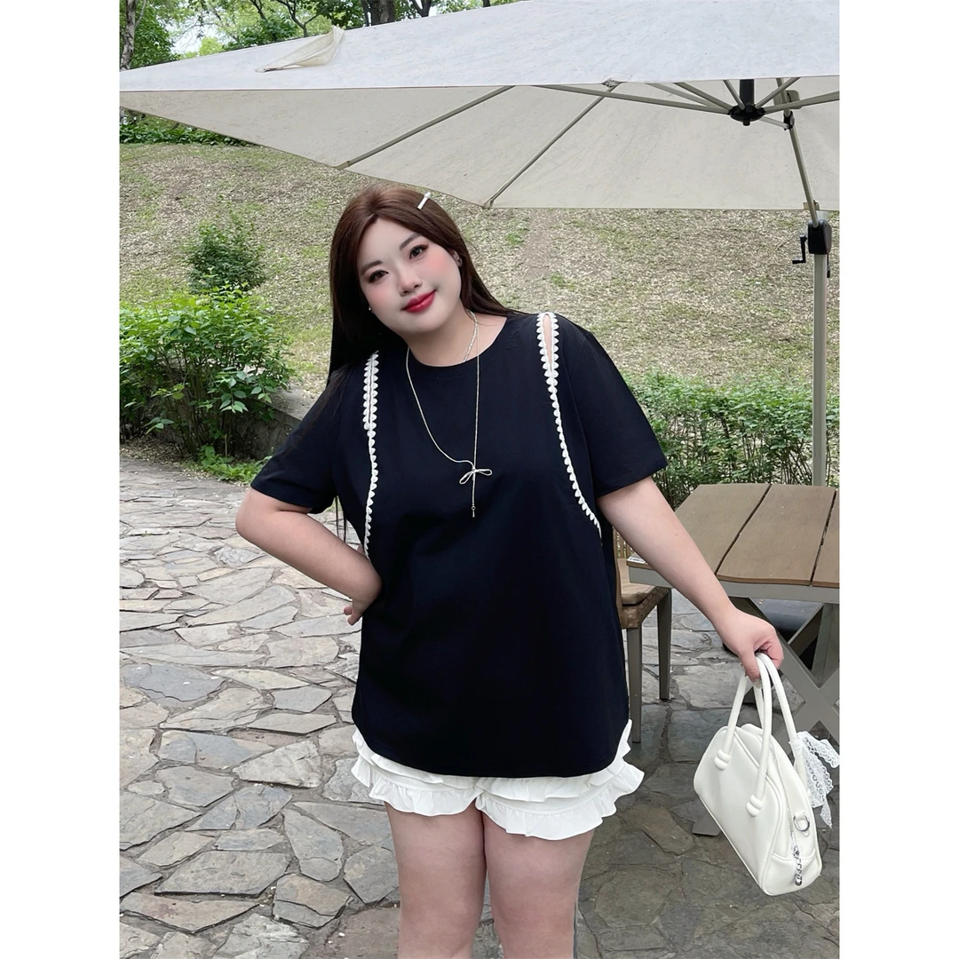 蜜露星野 / 法式优雅撞色假两件短袖15101花契大码200斤胖mm休闲