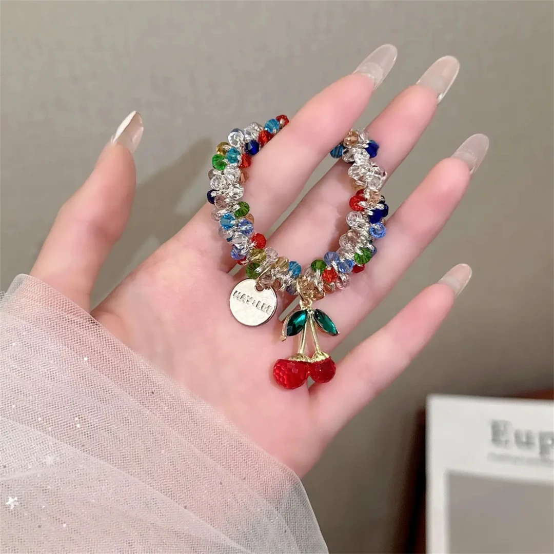 【樱落星坠】韩国水钻樱桃吊坠气质发绳女送闺蜜手链两用扎马尾