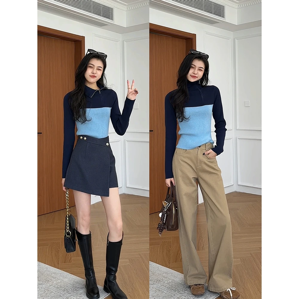张阿星【轻简蓝调】斜拉链短款撞色polo领修身款针织衫长裤短裙套装