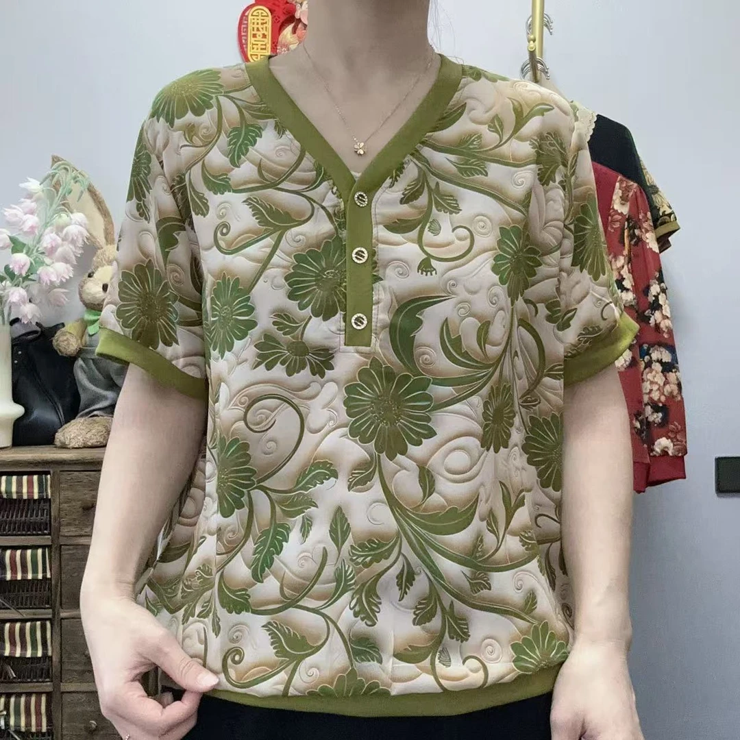 无品牌【丽姐家】夏季新款短袖时尚洋气女士百搭减龄印花显瘦上衣