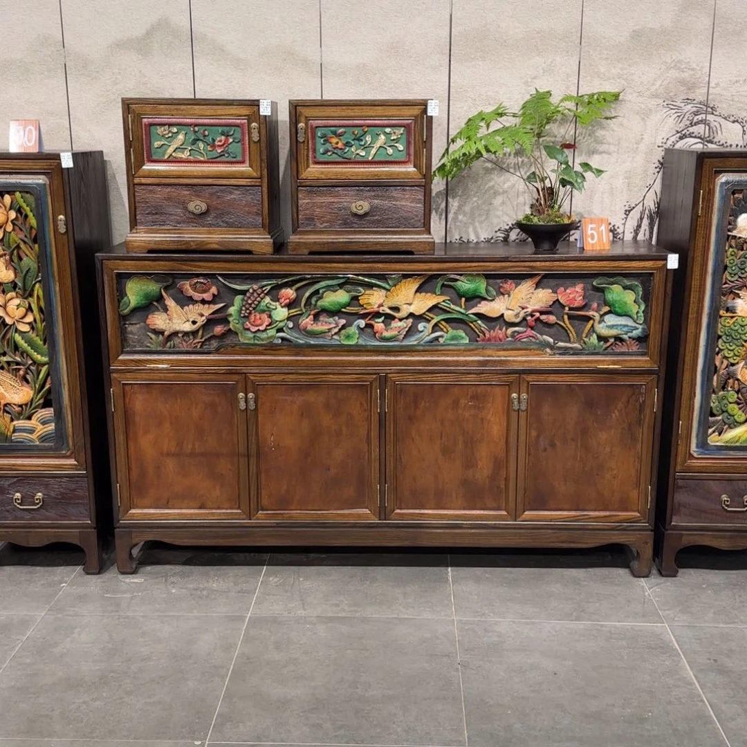 霞***天大理石榉木圆角款复古家具大玄关柜