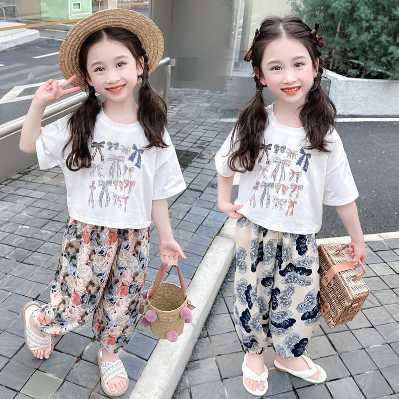 沐言家&女童夏季短袖套装夏款蝴蝶结短袖两件套防蚊裤休闲女孩