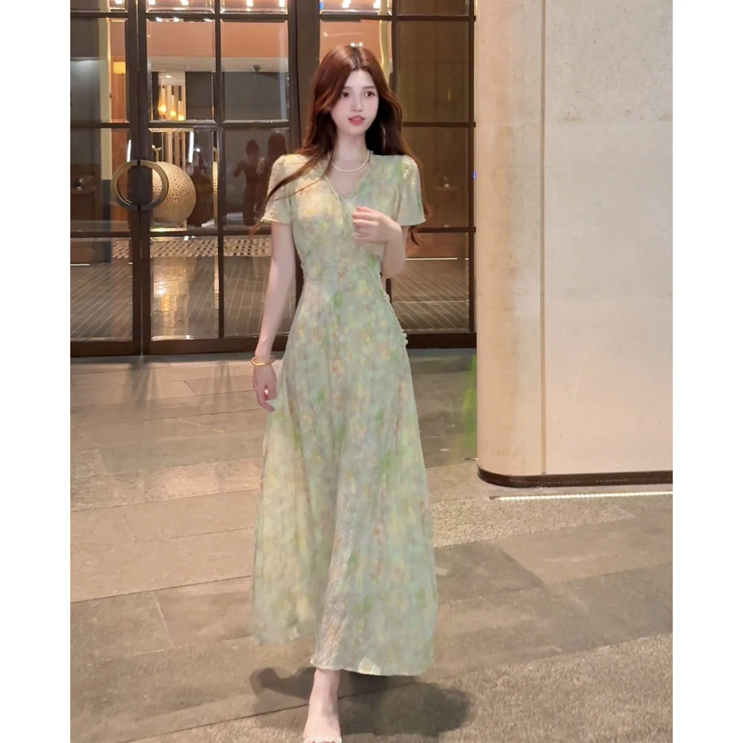 长裙夏季短袖碎花女式油画收腰连衣裙初恋长款气质显瘦裙子7009