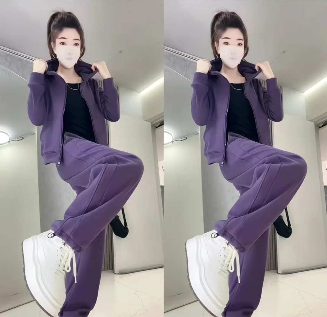 休闲运动套装冬季新款时尚洋气减龄加绒加厚连帽外套阔腿裤两件套