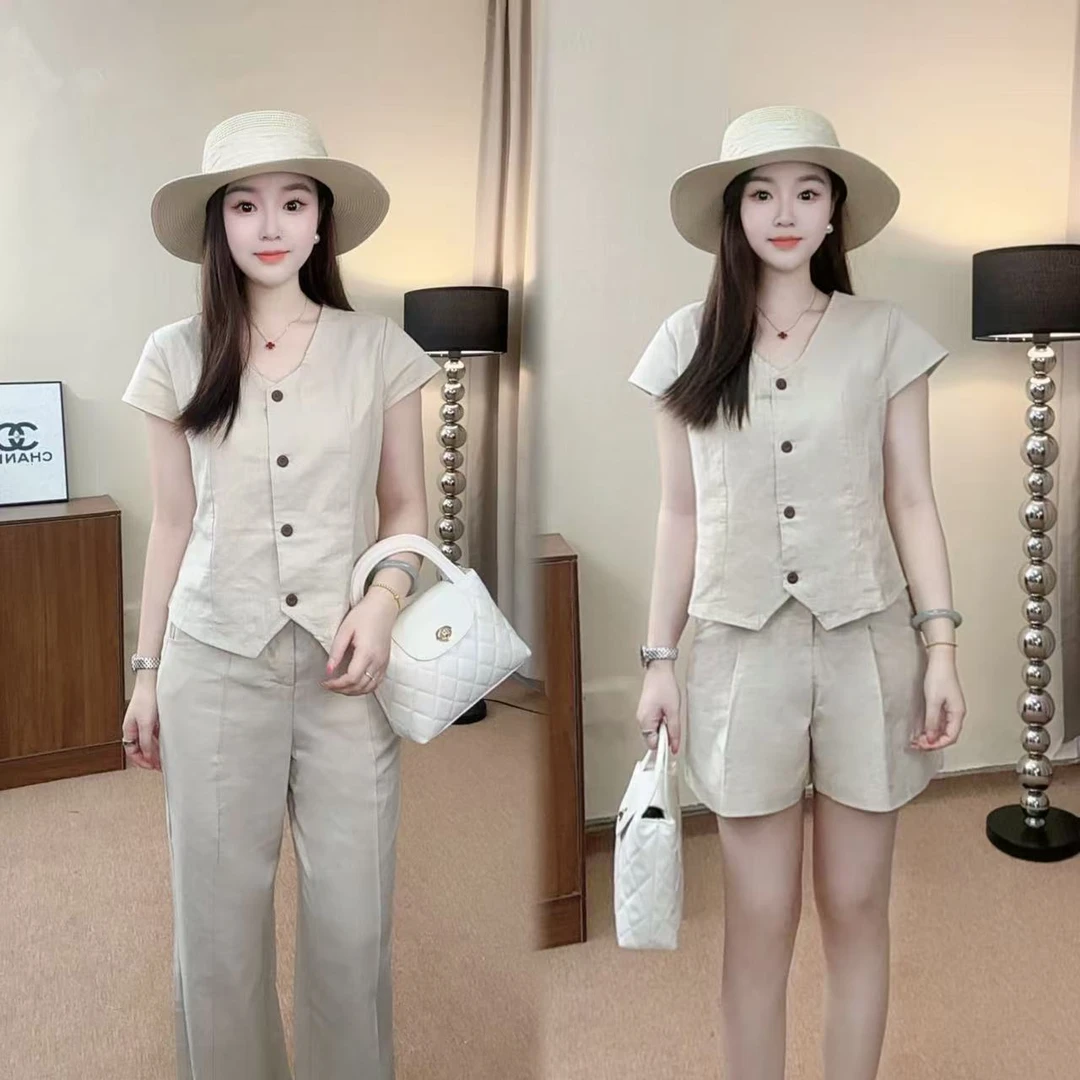 【Yying专属】简约通勤亚麻套装女#3130减龄韩系长短阔腿裤两件套