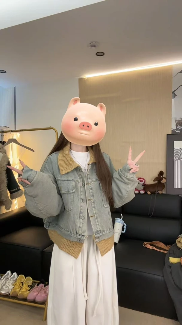 针织拼接加绒牛仔棉衣外套女款2025小个子冬天撞色短款夹克上衣潮