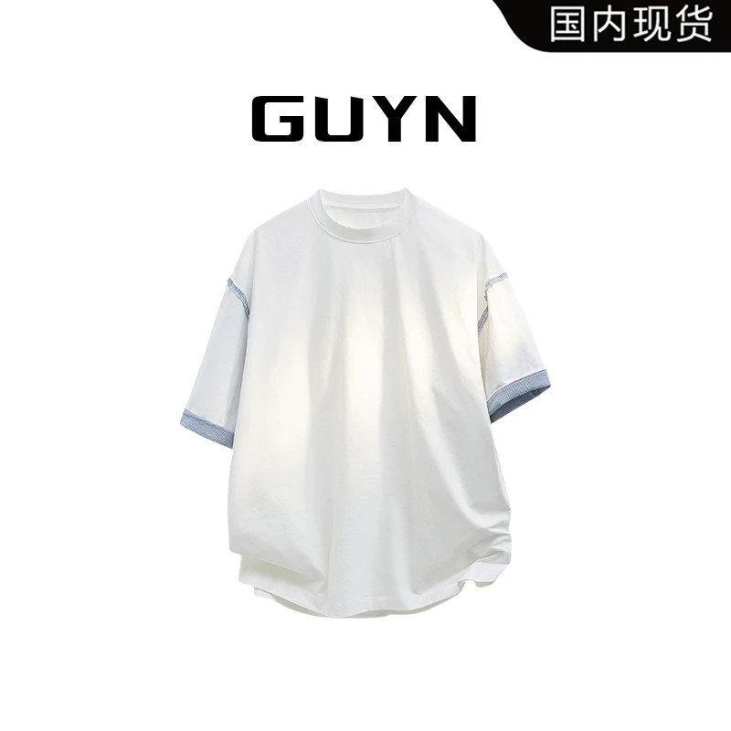 【品牌现货】GUYN夏季新款拼接设计师简约纯棉短袖袖拼接潮牌短袖