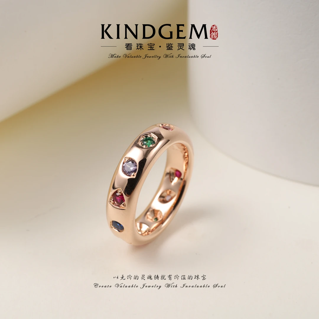 925银锆石戒指 KindGem 玫瑰金彩色镶嵌细版百搭闭口戒指 S-40658