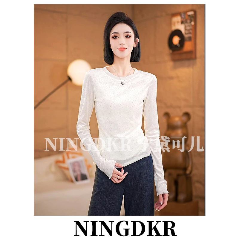 宁B30129设计感气质时尚闪钻修身显瘦烫钻上衣女网纱T恤衫内搭