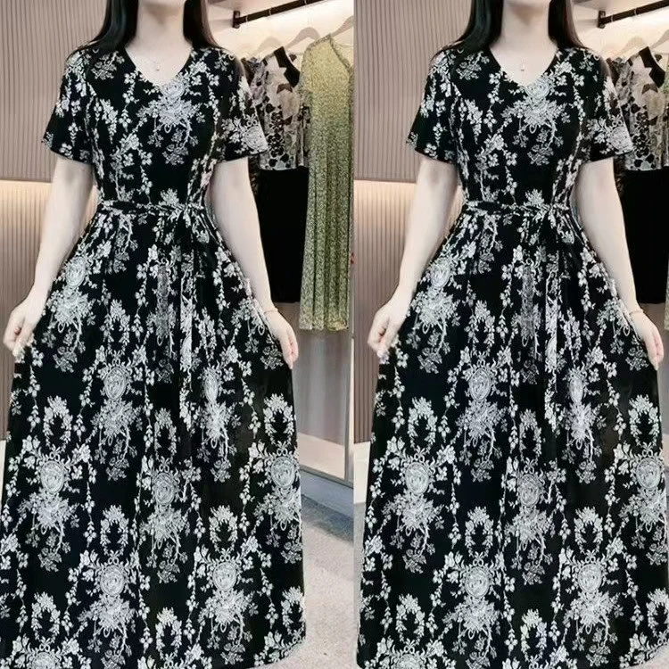 中年妈妈装春季新款连衣裙气质显瘦印花拼接中长款裙子女