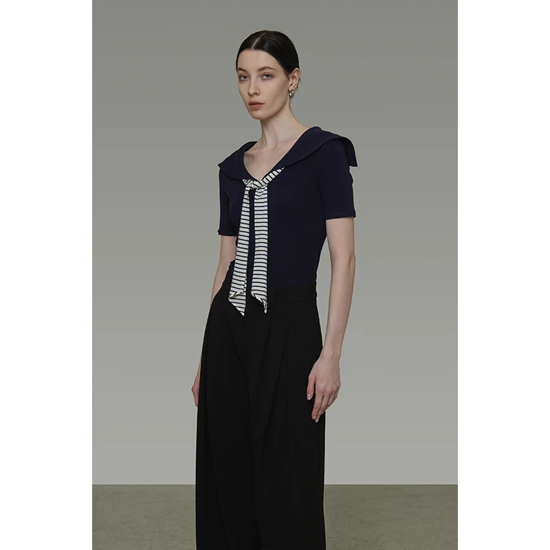 unspoken 可拆卸条纹领带 复古摩登学院海军领短袖UX25S086推广