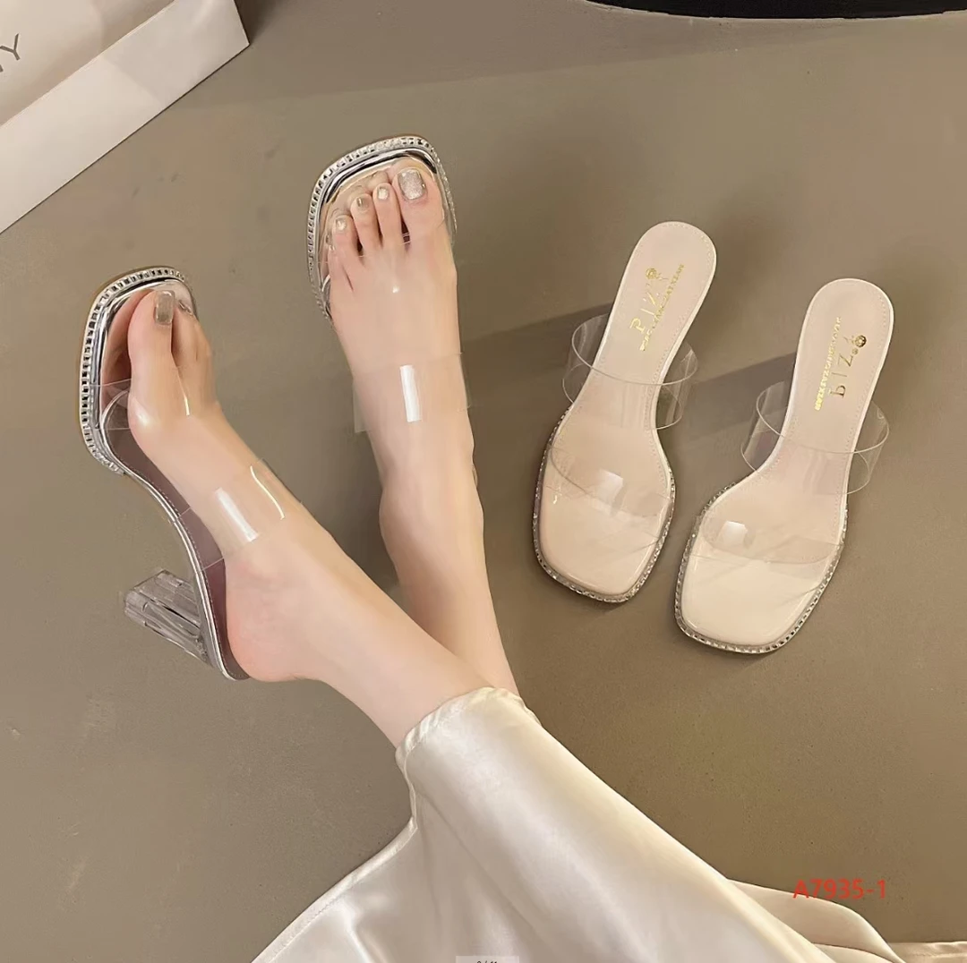 网红方头透明高跟拖鞋夏季高跟凉鞋一字拖粗跟仙女风