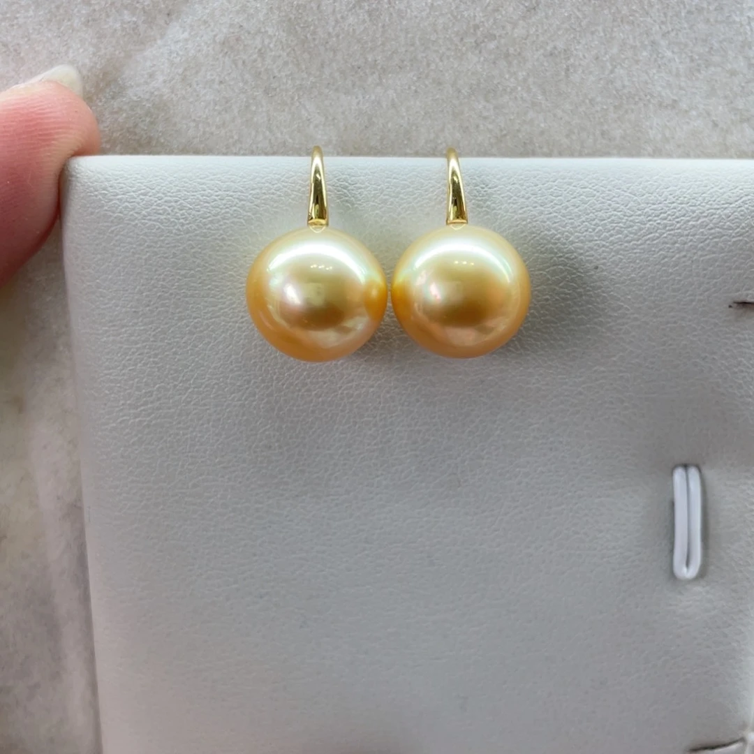 18K金镶嵌耳饰海水珍珠南洋金珠12-13m m