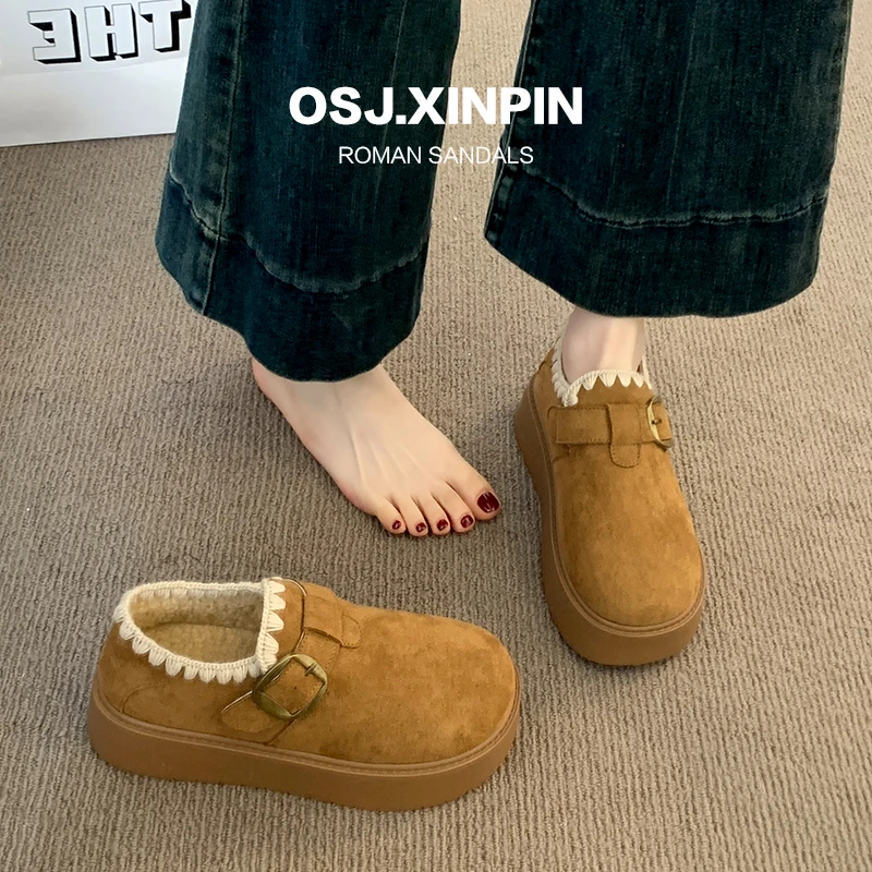 厚底加绒勃肯鞋女款2025新款秋冬季女鞋加厚保暖棉鞋一脚蹬雪地靴