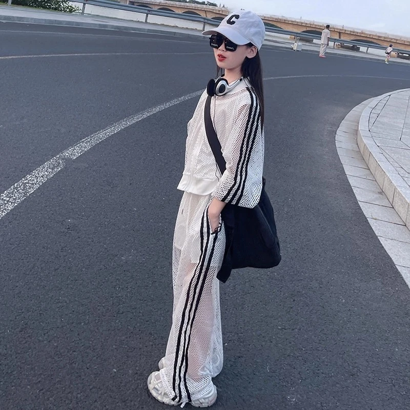 女童夏装2025新款中大童女孩时尚洋气高级感网纱透视三件套阔腿裤